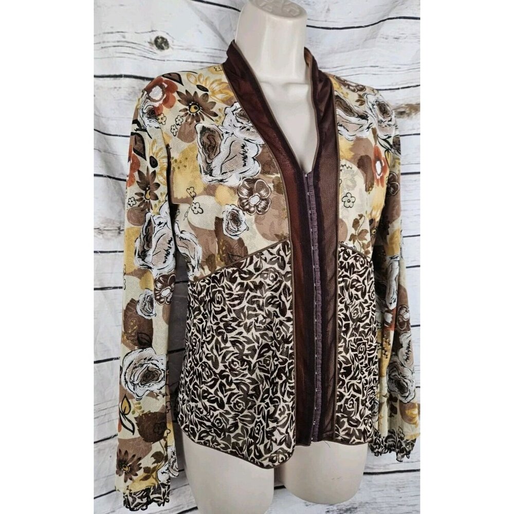 Anac Brown Floral Mesh Layered Top Tunic L Art to Wear Hook Eye 90's Y2K - Picture 2 of 7
